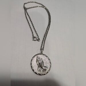 Silver Praying Hands Medal Necklace - Silver
